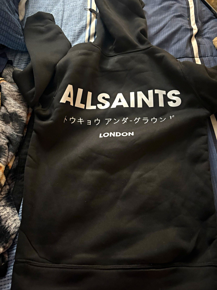 AllSaints Men’s Black Pullover Hoodie Size S Logo Graphic Drawstring Pockets