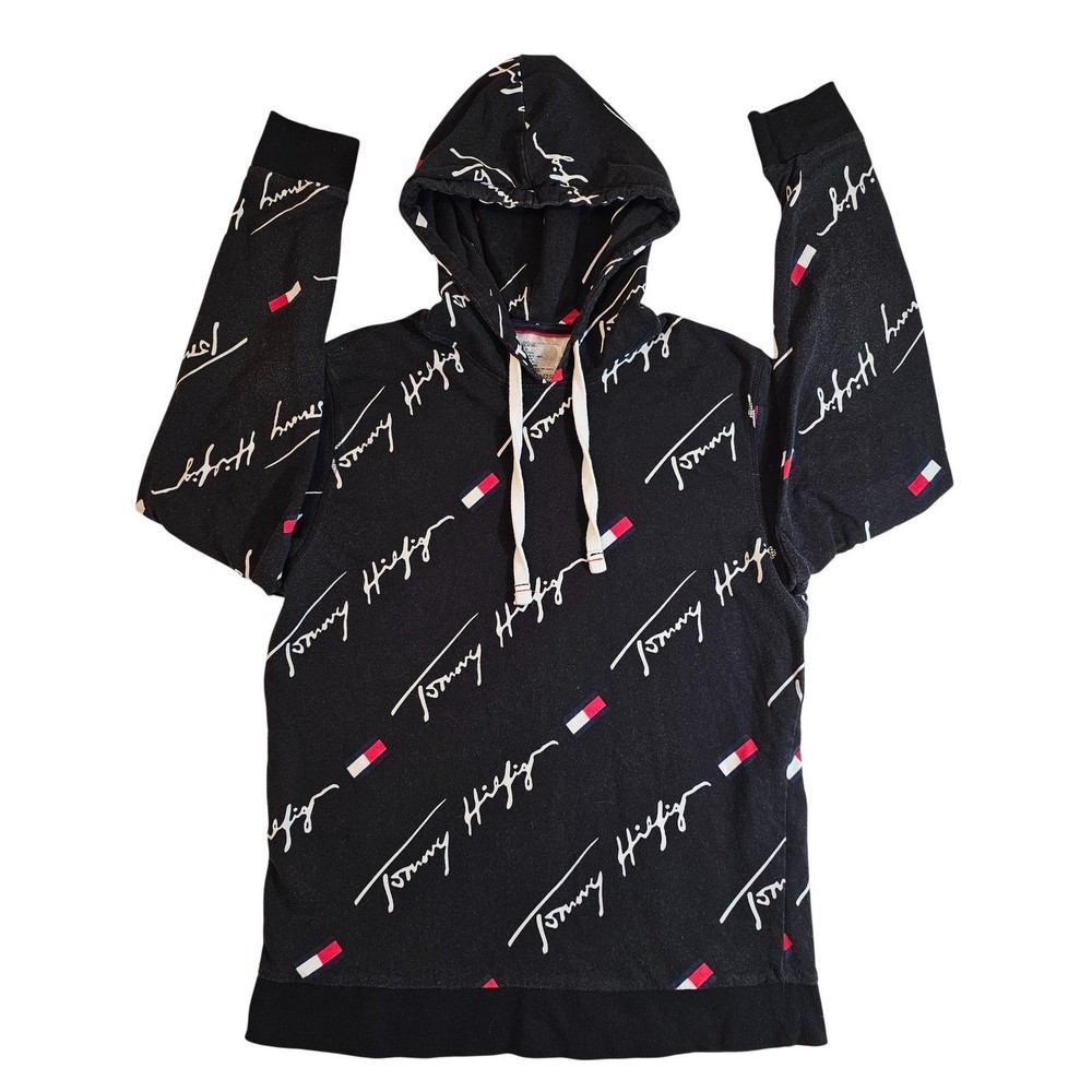 VTG Tommy Hilfiger Medium All Over Print Script Logo Hoodie Black White Red