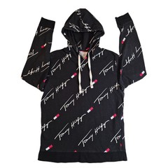 VTG Tommy Hilfiger Medium All Over Print Script Logo Hoodie Black White Red