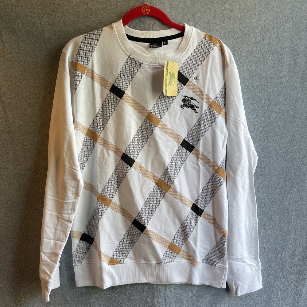 Burberry London XL Sweatshirt Crew Neck White Plaid Knit Long Sleeve 100% Cotton