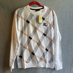 Burberry London XL Sweatshirt Crew Neck White Plaid Knit Long Sleeve 100% Cotton