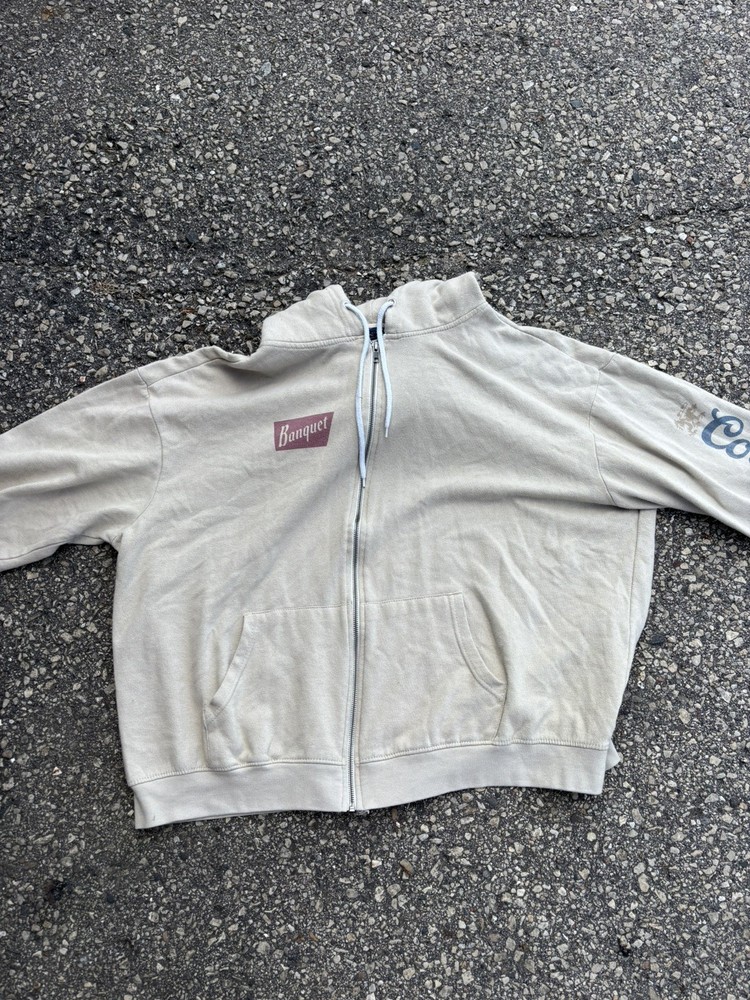 Coors Banquet Hoodie Mens XXL Beige Full Zip Graphic Sweatshirt Beer VTg look