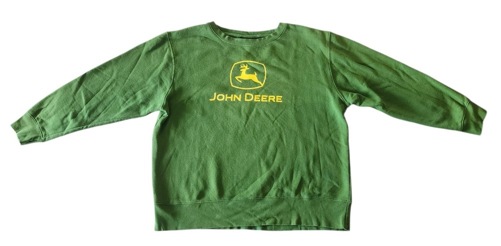 John Deere Sweatshirt Mens L Green Crewneck Pullover Logo Fleece Farm Tractor