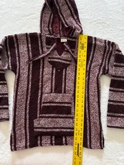 Mexican Baja Hoodie Mens M Burgundy Cream Striped Drug Rug Pullover Acrylic