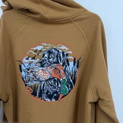 BURLEBO Men’s Midweight Fleece Hoodie Sweatshirt M Light Brown Duck Hunting Dog
