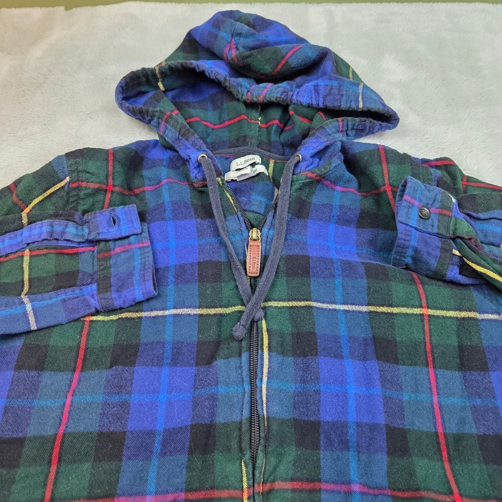 L.L. Bean Flannel Hoodie Mens M Relaxed Fit Full Zip Plaid Blue Green 502092 M