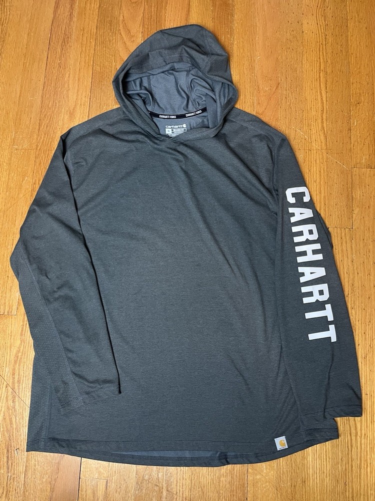 Carhartt Force Gray Relaxed Fit Long Sleeve Logo Men’s Hooded T-Shirt Size XL