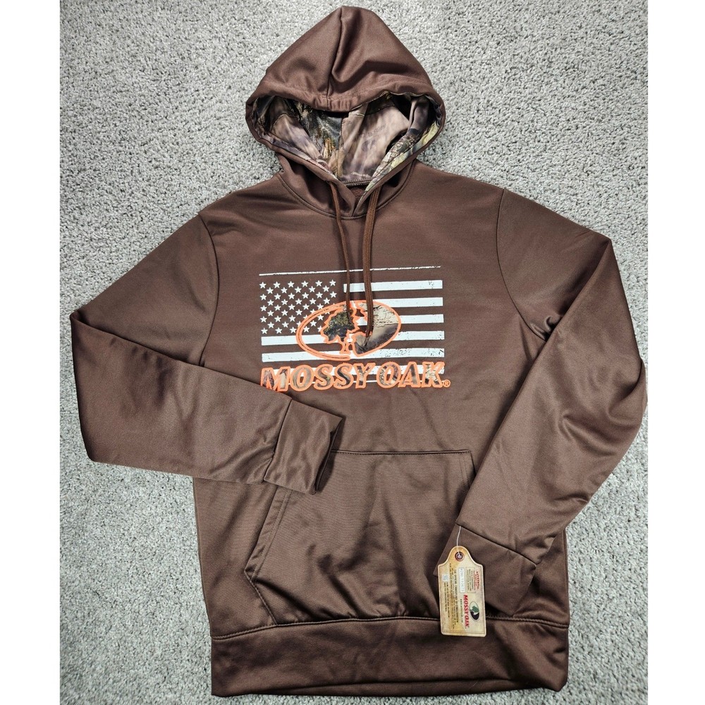 NWT Mossy Oak Hoodie Mens M Brown American Flag Camo Graphic Hunting Pullover