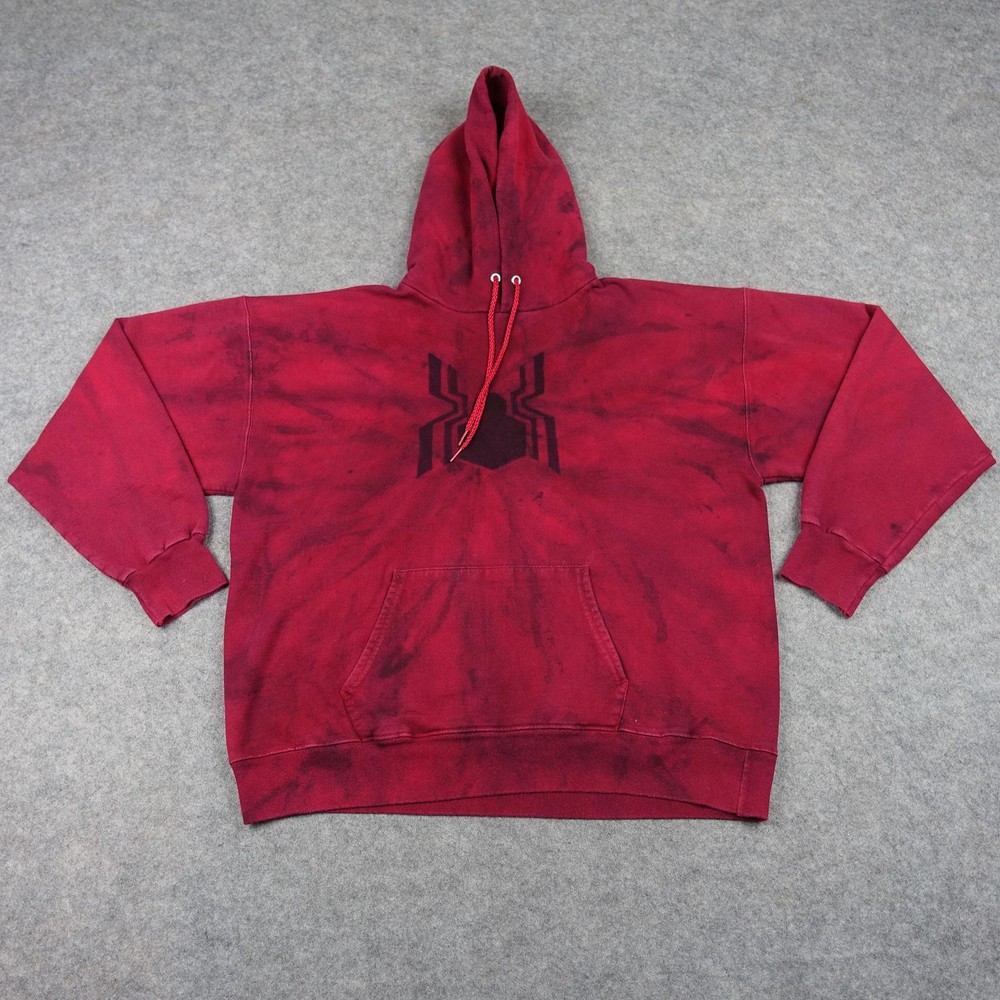VINTAGE Spider Man Hoodie Mens Large Red Sweatshirt Hanes Tie Dye Pullover VTG