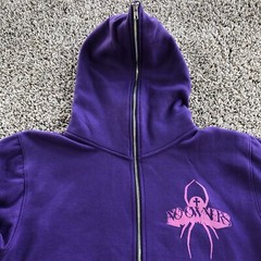 No Owners Full Hood Zip Up Hoodie Adult Size S Spider Cross Print Purple Cotton