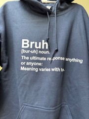 Navy Blue Fleece Pullover Hoodie Size LARGE Graphic BRUH Gildan Heavy Blend