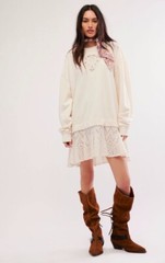 Free People Prairie Sweatshirt Tunic Dress Eyelet Lace Swing Hem Ivory S NEW