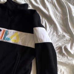FILA Unisex Fleece Sweatshirt M Black White Colorblock 1/4 Zip Pockets