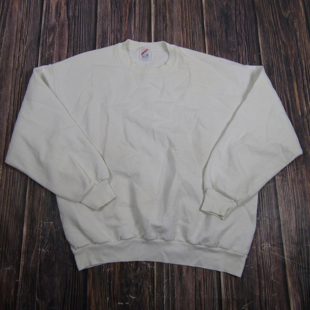 Jerzees Sweatshirt Mens XL White Vintage Crewneck Plain Long Sleeve Blank