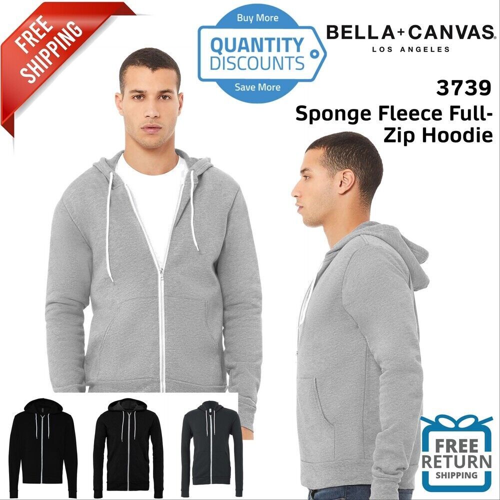 Bella + Canvas 3739 Unisex Poly Cotton Fleece Full Zip Hoodie Sweatshirt