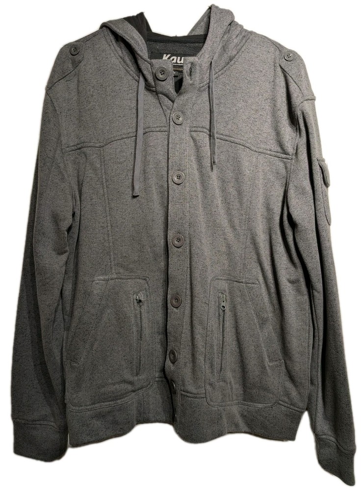 Kaun Hoodie Mens 2XL Charcoal Button Up Hood Fleece Jacket Zip Pockets Lined NWT