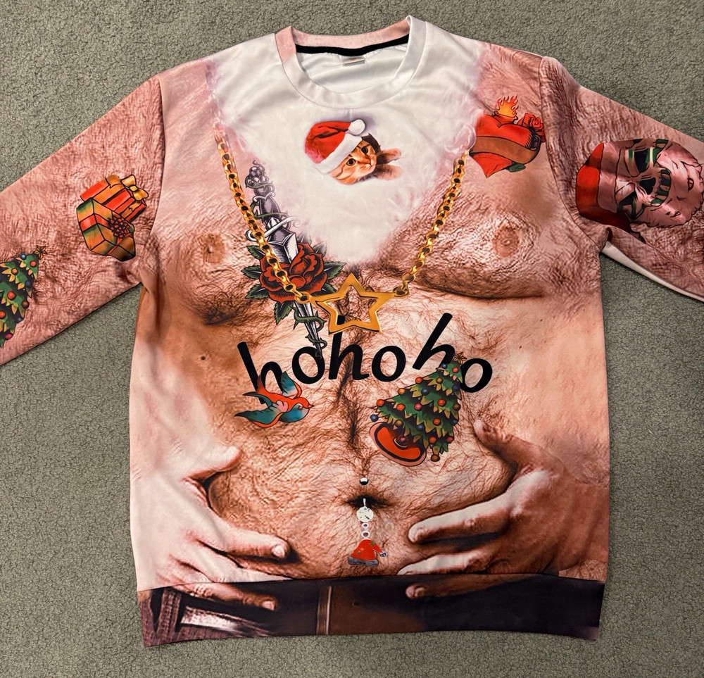 Men’s Multicolor Santa Christmas Graphic Crew Neck Knit Pullover Sweatshirt L
