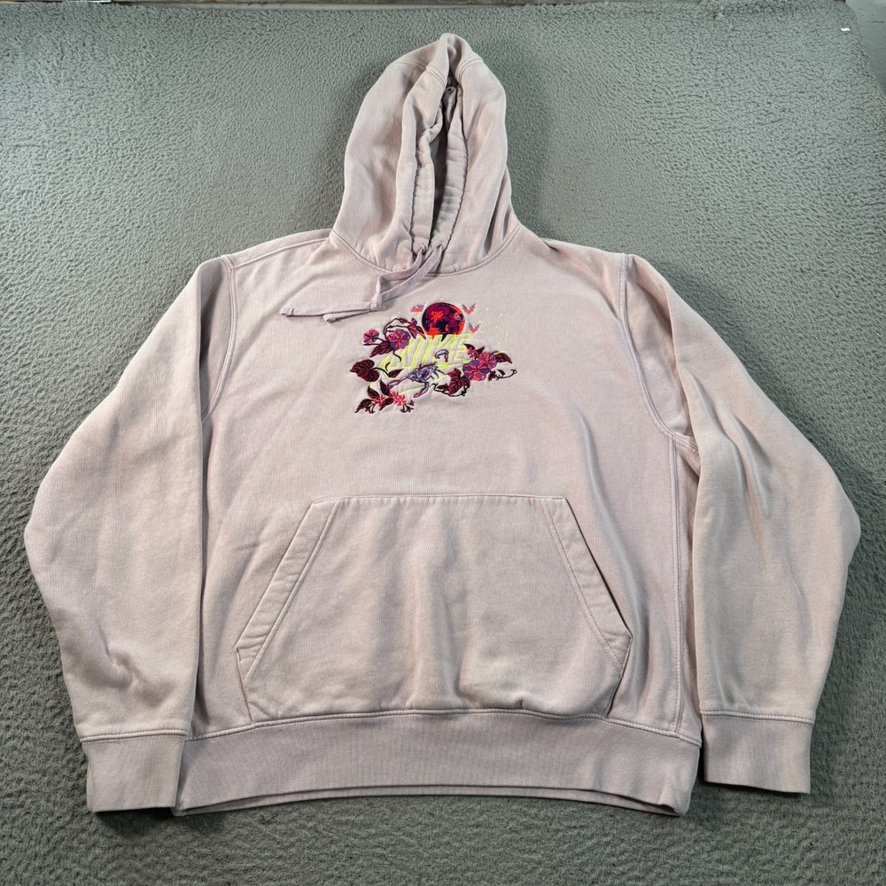 Nike Hoodie Men Large Pink Floral Embroidered Kangaroo Pockets Sweatshirt