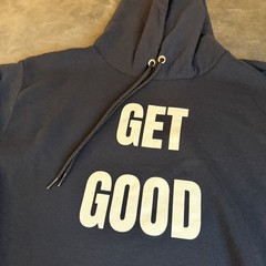Champion “GET GOOD” Navy Blue Hoodie Sweatshirt Pullover Pockets Adult Large