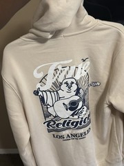 True Religion Men’s Beige Cotton Full Zip Hoodie M Logo Graphic w/ Pockets