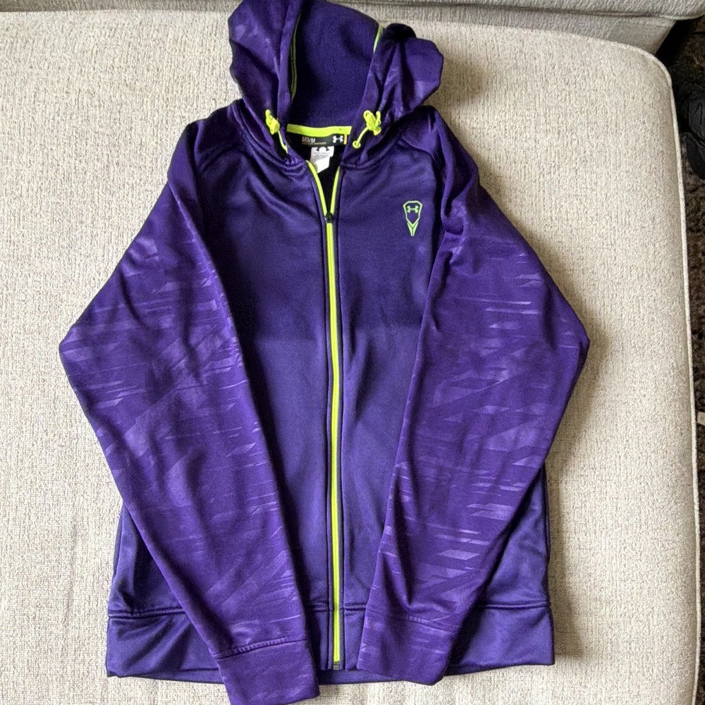 Under Armour Men’s M Purple Green Fleece Full Zip Hoodie Pockets Loose Fit