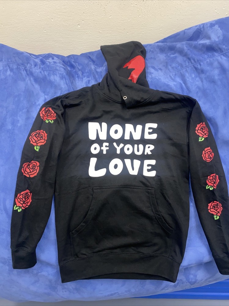 Lil TJay Rapper Black Hoodie “NONE OF YOUR LOVE” men’s Medium Roses On Arms Nwot