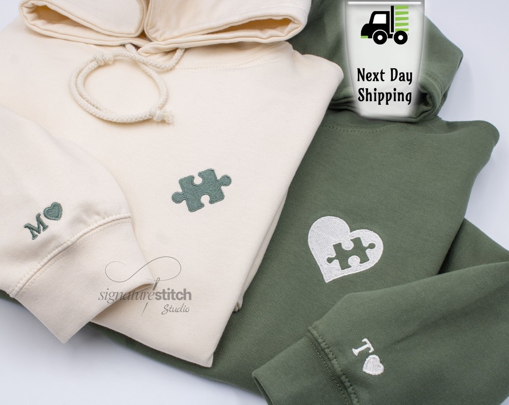 Matching Couples Hoodies, Embroidered Heart Puzzle Piece Sweatshirts