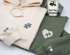 Matching Couples Hoodies, Embroidered Heart Puzzle Piece Sweatshirts