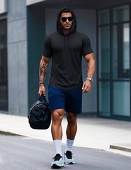 Mens Short Sleeve Hoodie Cotton Casual T-Shirts Sport Hooded Sweatshirt Pullover