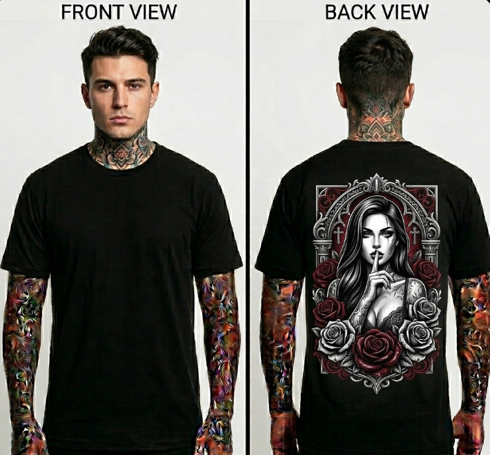 Tattoo Girl Rose Graphic T-Shirt Mens Streetwear Black Tee Gothic Style
