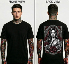 Tattoo Girl Rose Graphic T-Shirt Mens Streetwear Black Tee Gothic Style
