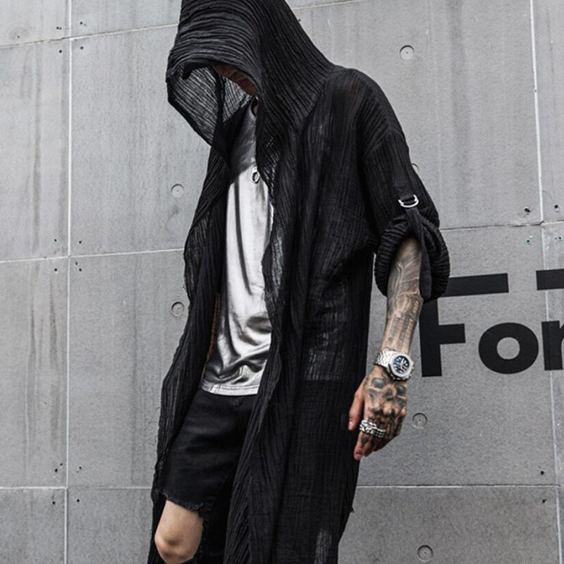 Hot Selling Men’s Pleated Woven Cotton Black Hooded Jacket Shirt Cardigan Sport