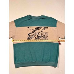 Vintage Style Train Graphic Colorblock Sweatshirt Teal Tan French Terry Large