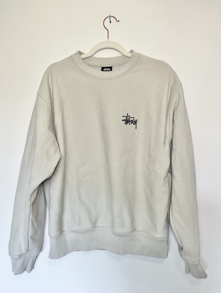 Stussy Sweatshirt Men’s Small Beige Basic Crew 90s Logo Crewneck Streetwear