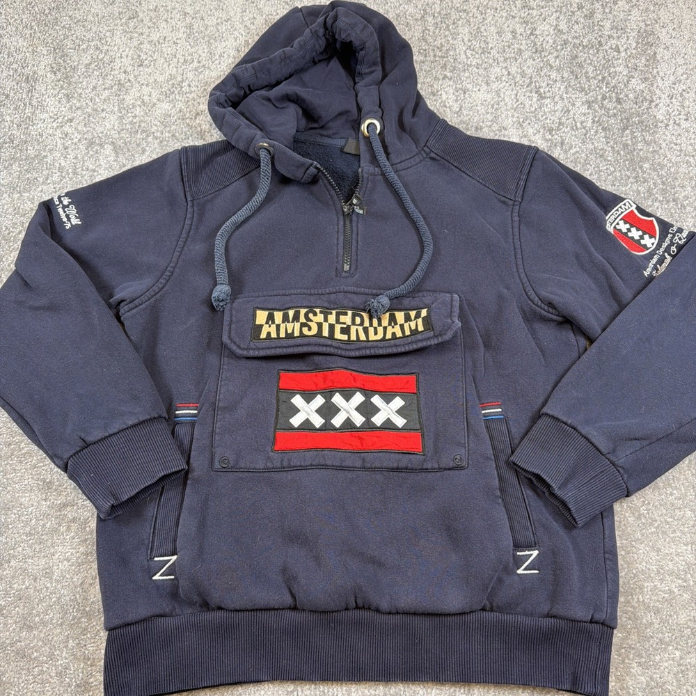 Amsterdam Designs Medium Hoodie Navy Red White Half Zip Graphic Pockets