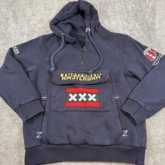 Amsterdam Designs Medium Hoodie Navy Red White Half Zip Graphic Pockets