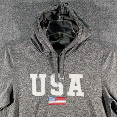 USA Embroidered Flag Logo Drawstring Pullover Hoodie Mens Medium Patriotic Gray