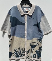 Free Planet Mens Short Sleeve Polyester Knit Shirt Collared Botton Up Beach Sz L