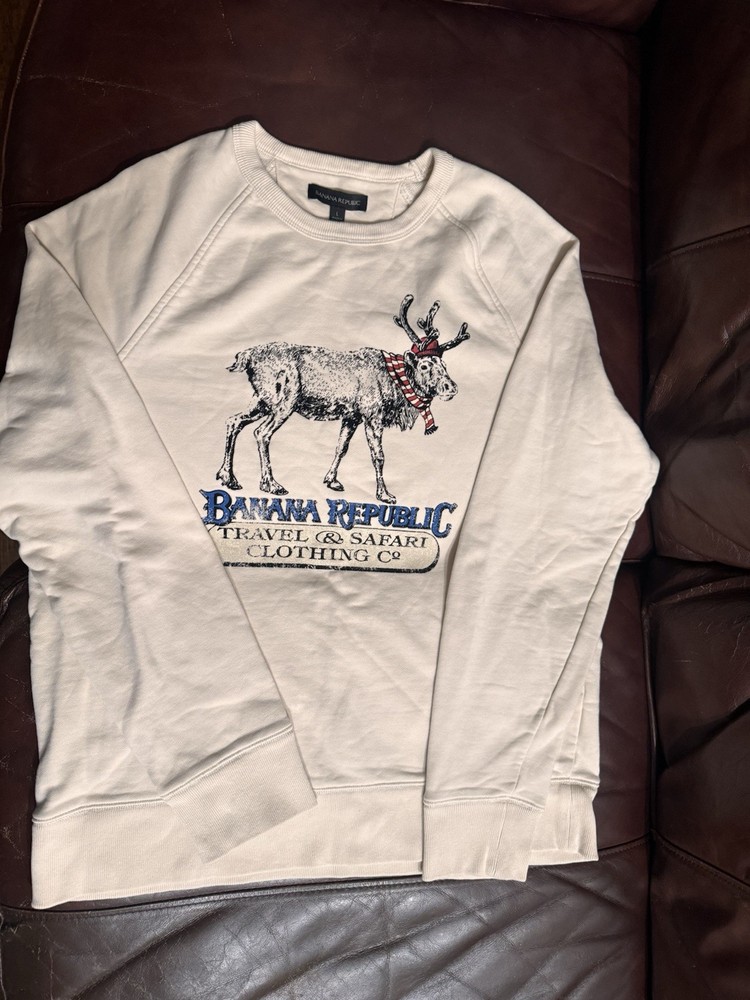 Banana Republic Men’s Sz L Lightweight Moose Crewneck Sweatshirt Cream