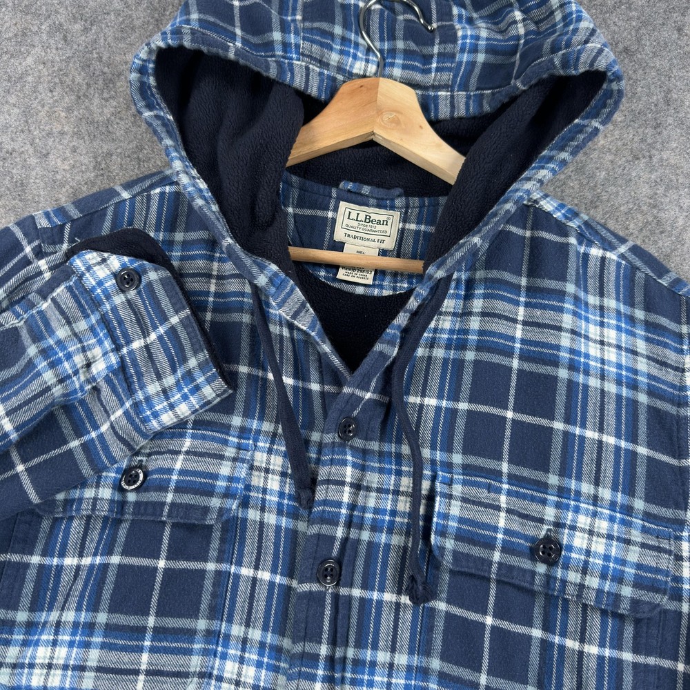 L.L.Bean Fleece Lined Flannel Hoodie Mens Medium Blue Plaid Button Front