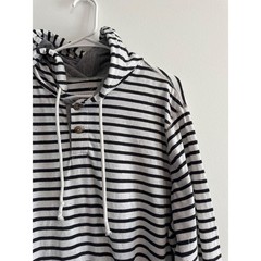 American Eagle Striped Henley Hoodie Mens XLT Black White Classic Fit Pullover