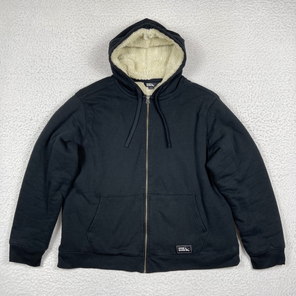 Eddie Bauer Hoodie Mens XL Black Sherpa Lined Full Zip Heavyweight Jacket Warm