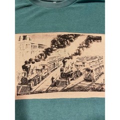Vintage Style Train Graphic Colorblock Sweatshirt Teal Tan French Terry Large