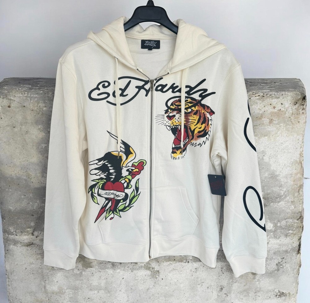 Ed Hardy Men’s Full Zip Front Hoodie Graphic Print Tiger Ivory Hood Death NWT