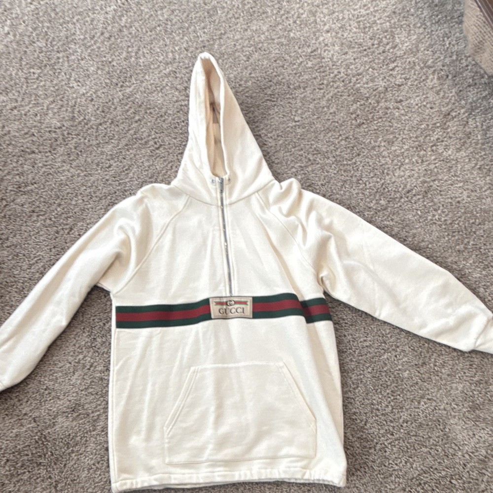 Gucci White 1/2 Zip Hoodie S Teens(12)Cotton Striped Logo Pocket