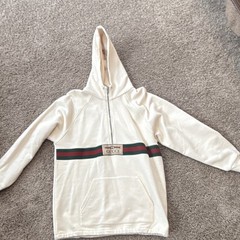 Gucci White 1/2 Zip Hoodie S Teens(12)Cotton Striped Logo Pocket