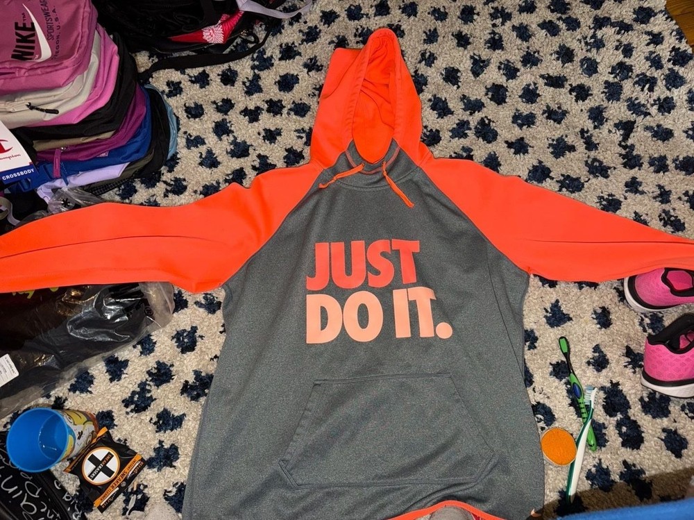 Nike Therma-Fit Just Do It Hoodie Grey Neon Orange Thumb Holes