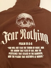 CULA Men Large Hoodie Brown Fear Nothing Psalm 91 Christian Winter Bible Top NEW