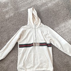Gucci White 1/2 Zip Hoodie S Teens(12)Cotton Striped Logo Pocket