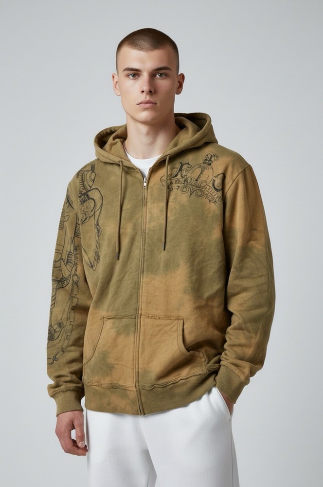 Key Closet Khaki Full Zip Y2K Tie Dye Distressed Graphic Hoodie Size L Deadstock